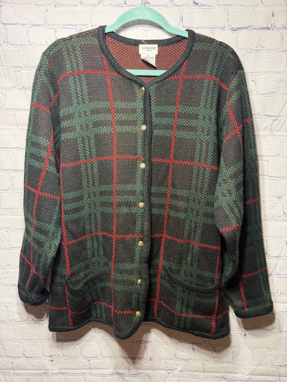 Liz Baker Womens VTG Plaid Knit Cardigan Chunky Green Black Red Sz 2X Old Money